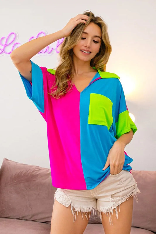 Image of BiBi Slinky Knit Color Block V Neck Front Top | Queeble.shop