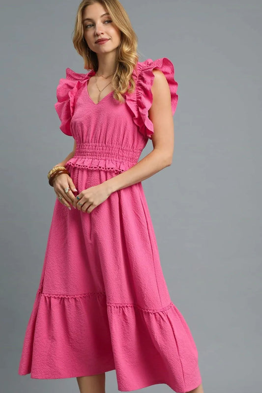 Image of Umgee V-Neck Ruffled Cap Sleeve Midi Dress | Queeble.shop