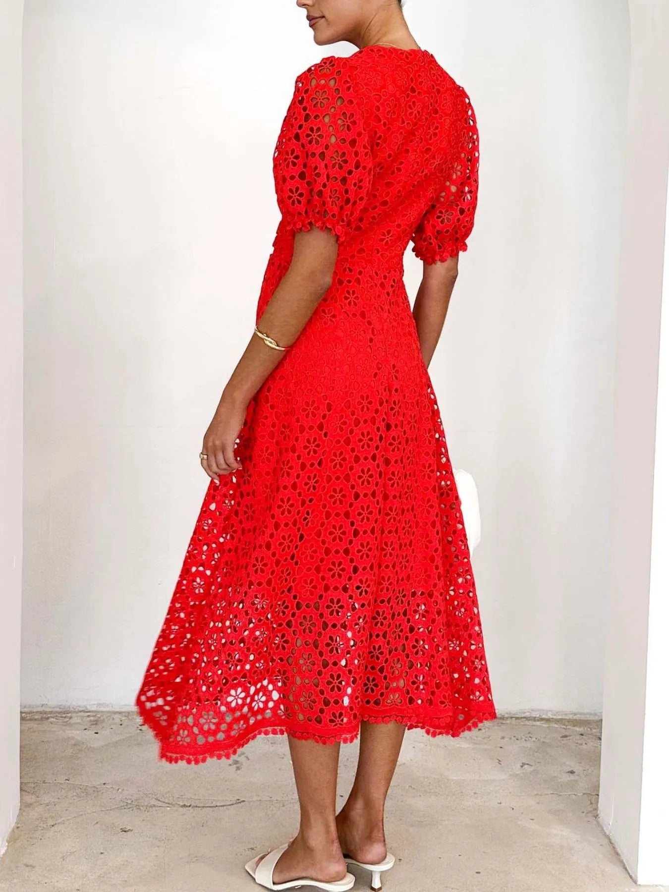 Image of Eyelet Lace V-Neck Midi Dress with Puff Sleeves | Queeble.shop