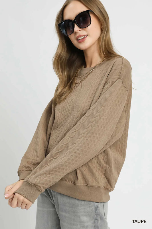 Image of Umgee Cable Texture Pattern Sweatshirt with Ribbed Hem | Queeble.shop