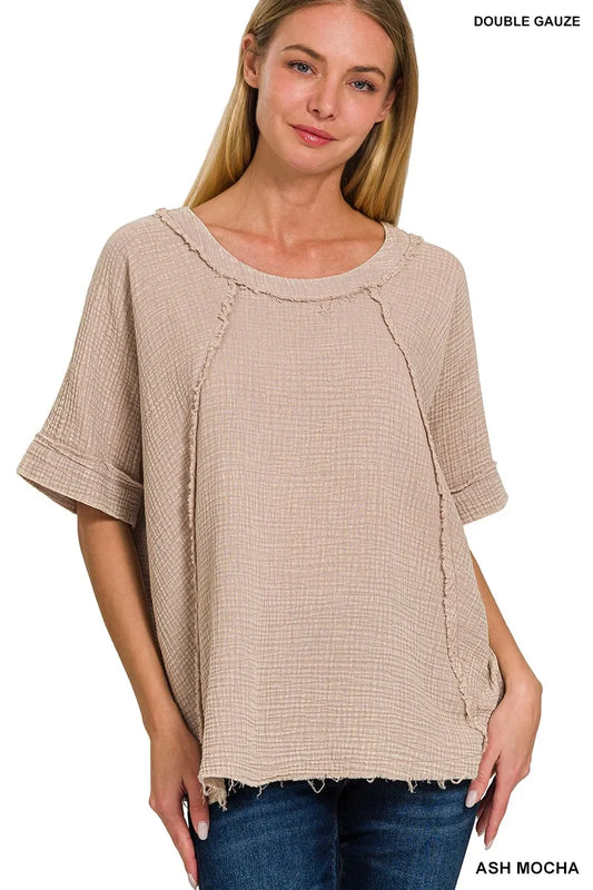 Image of Zenana Washed Double Gauze Exposed Seam Short Sleeve Top | Queeble.shop