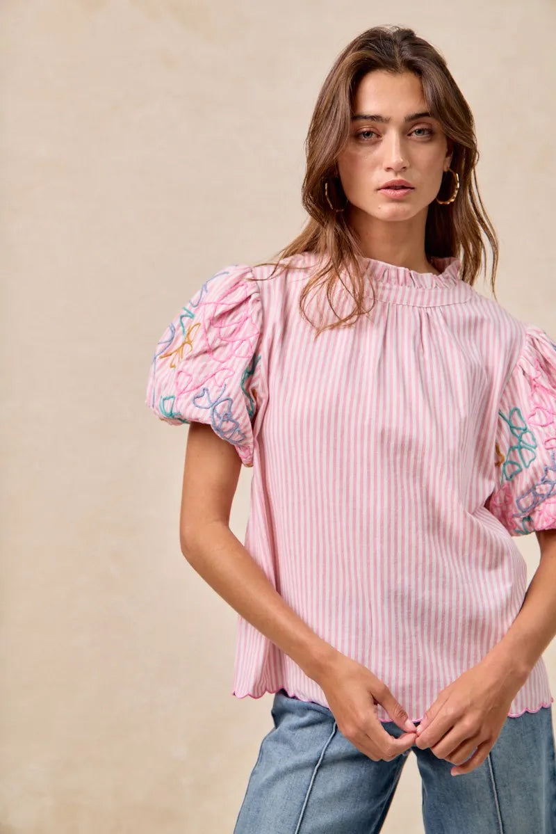 Image of BiBi Embroidery Bubble Sleeve Top With Bottom Scallop Detail | Queeble.shop