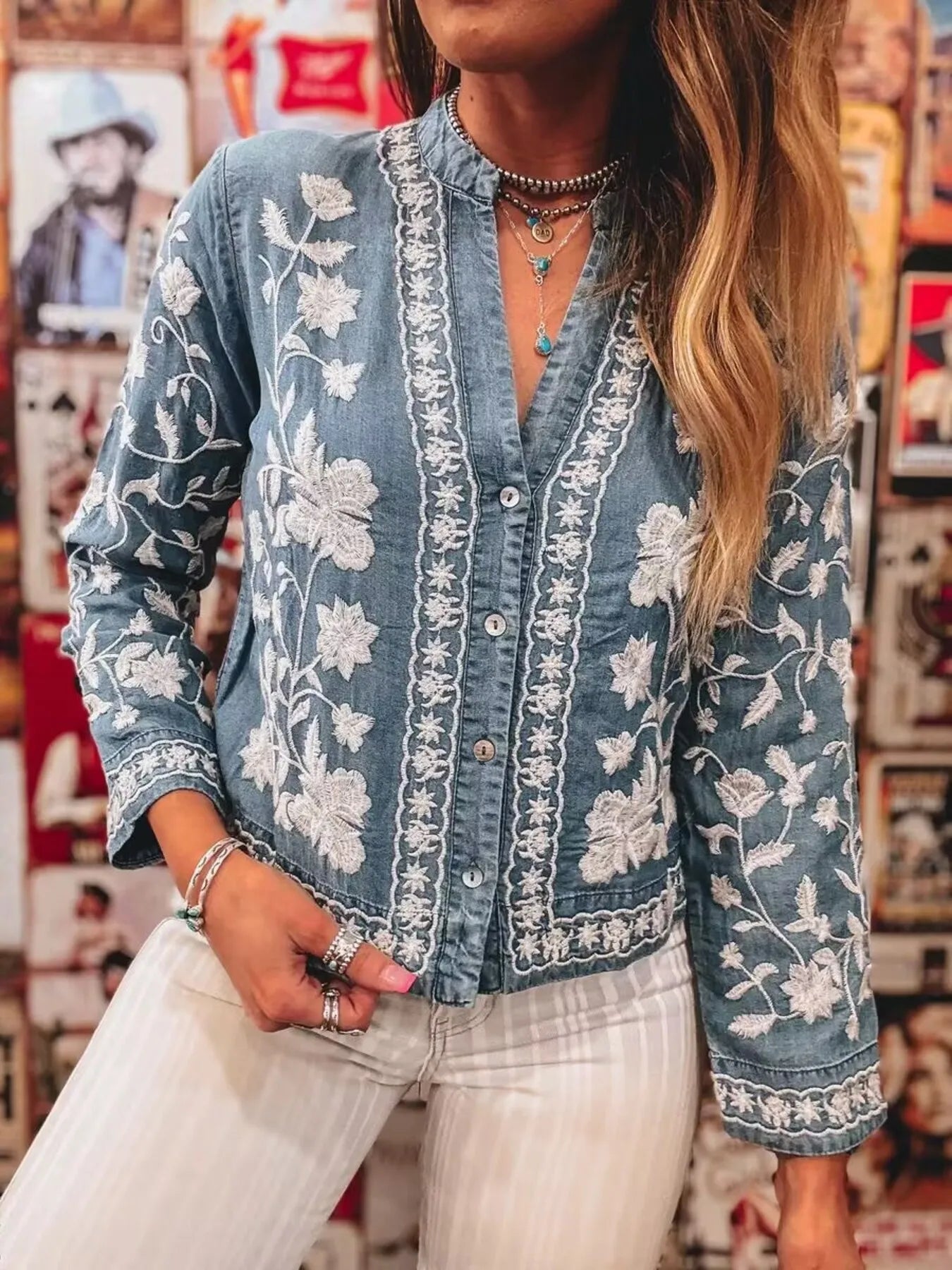 Image of Floral Embroidered Button Up Denim Shirt | Queeble.shop