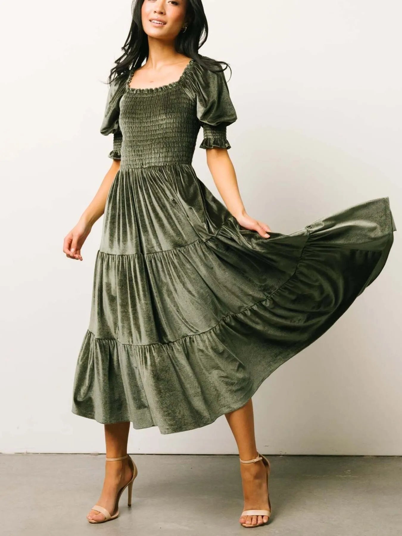 Image of Smocked Half Sleeve Tiered Midi Dress | Queeble.shop