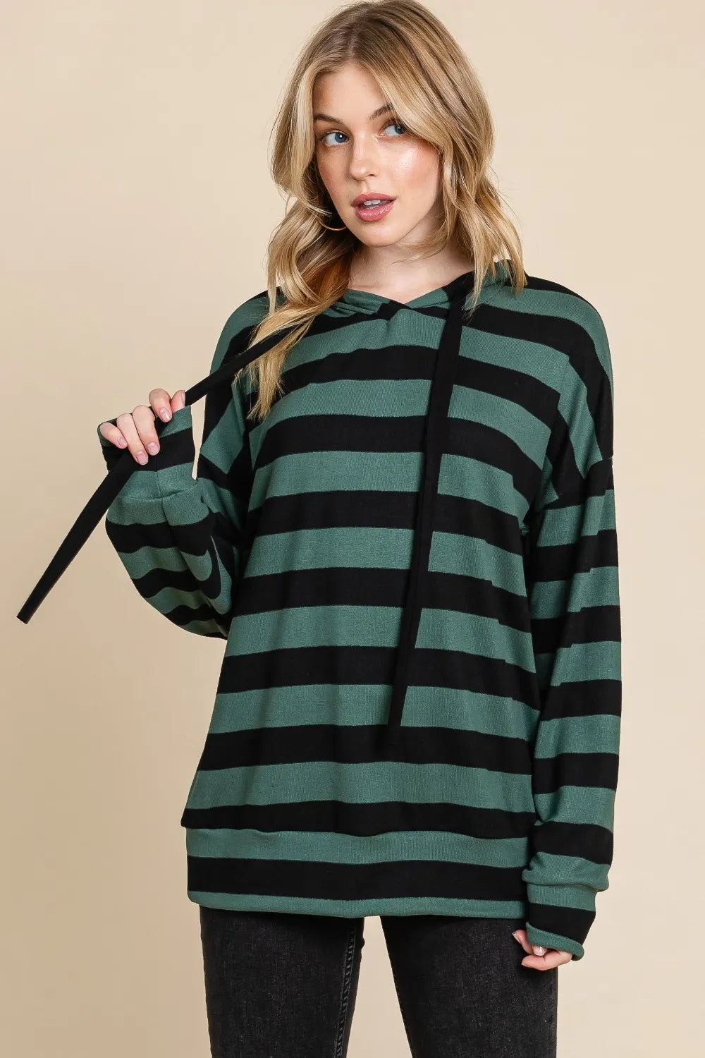 Image of BOMBOM Drawstring Striped Dropped Shoulder Hoodie | Queeble.shop
