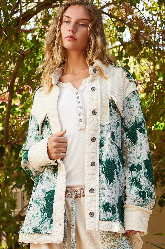 Image of POL Jacquard Patch Collared Neck Quilted Jacket | Queeble.shop