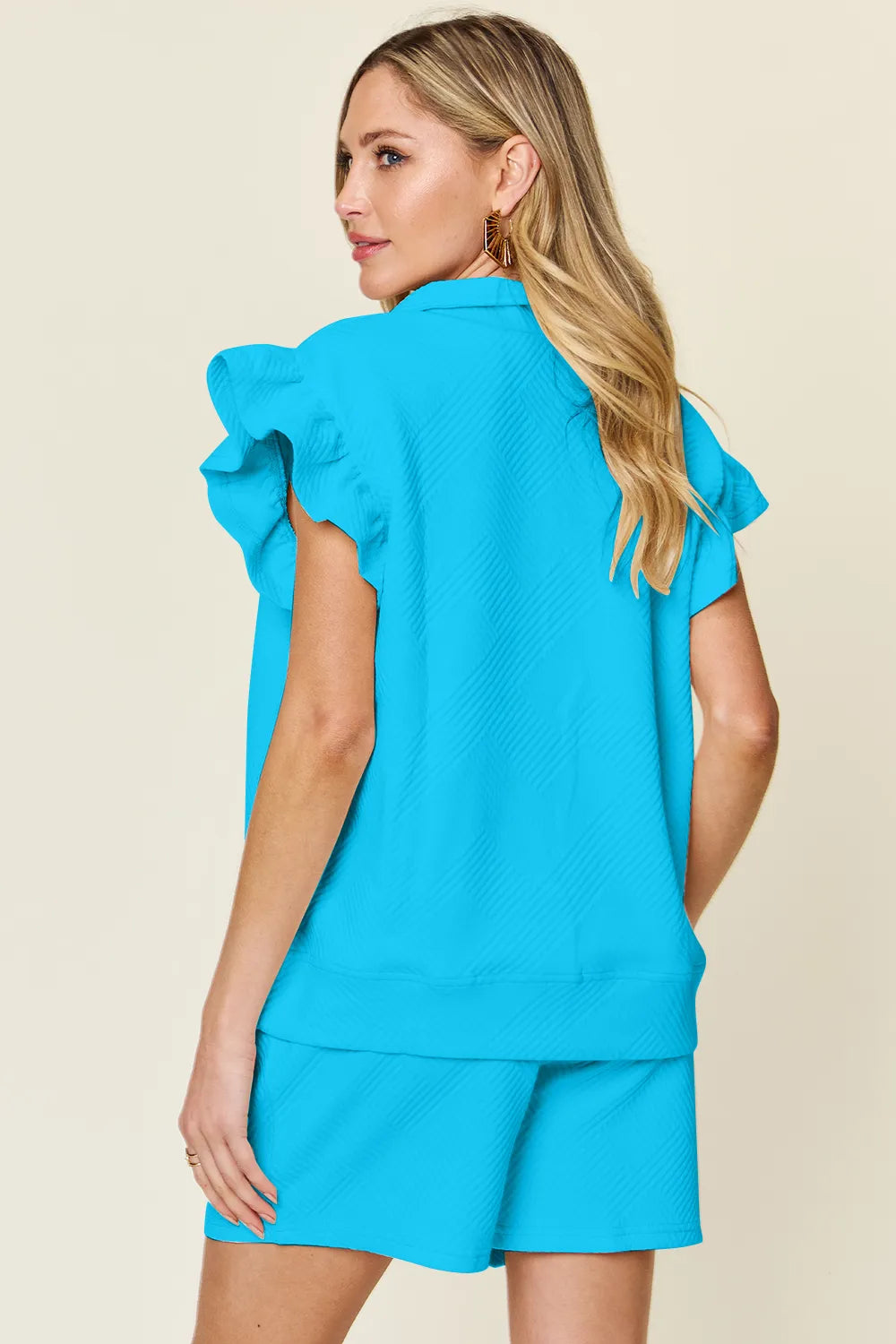 Image of Double Take Full Size Texture Flounce Sleeve Top and Drawstring Shorts Set | Queeble.shop