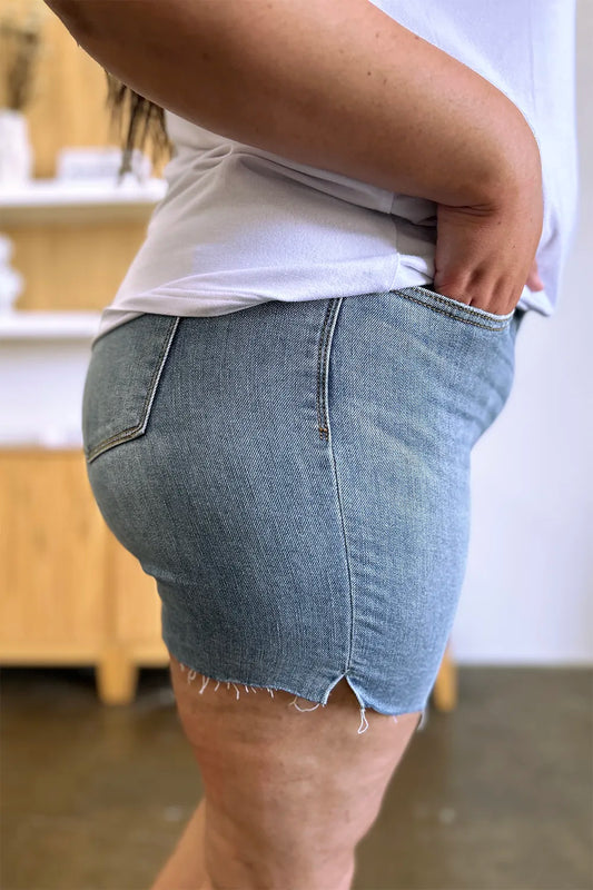 Image of Judy Blue Full Size High Waist Raw Hem Denim Shorts | Queeble.shop
