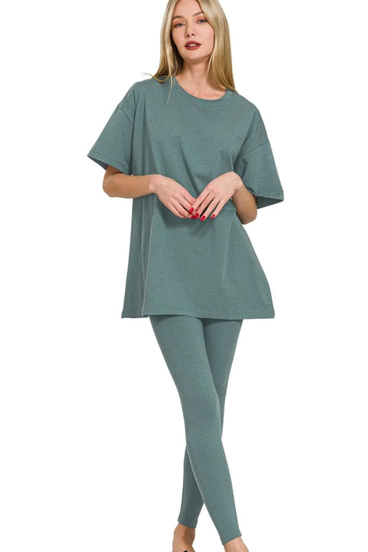 Image of Zenana Cotton Round Neck Top & Legging Set | Queeble.shop