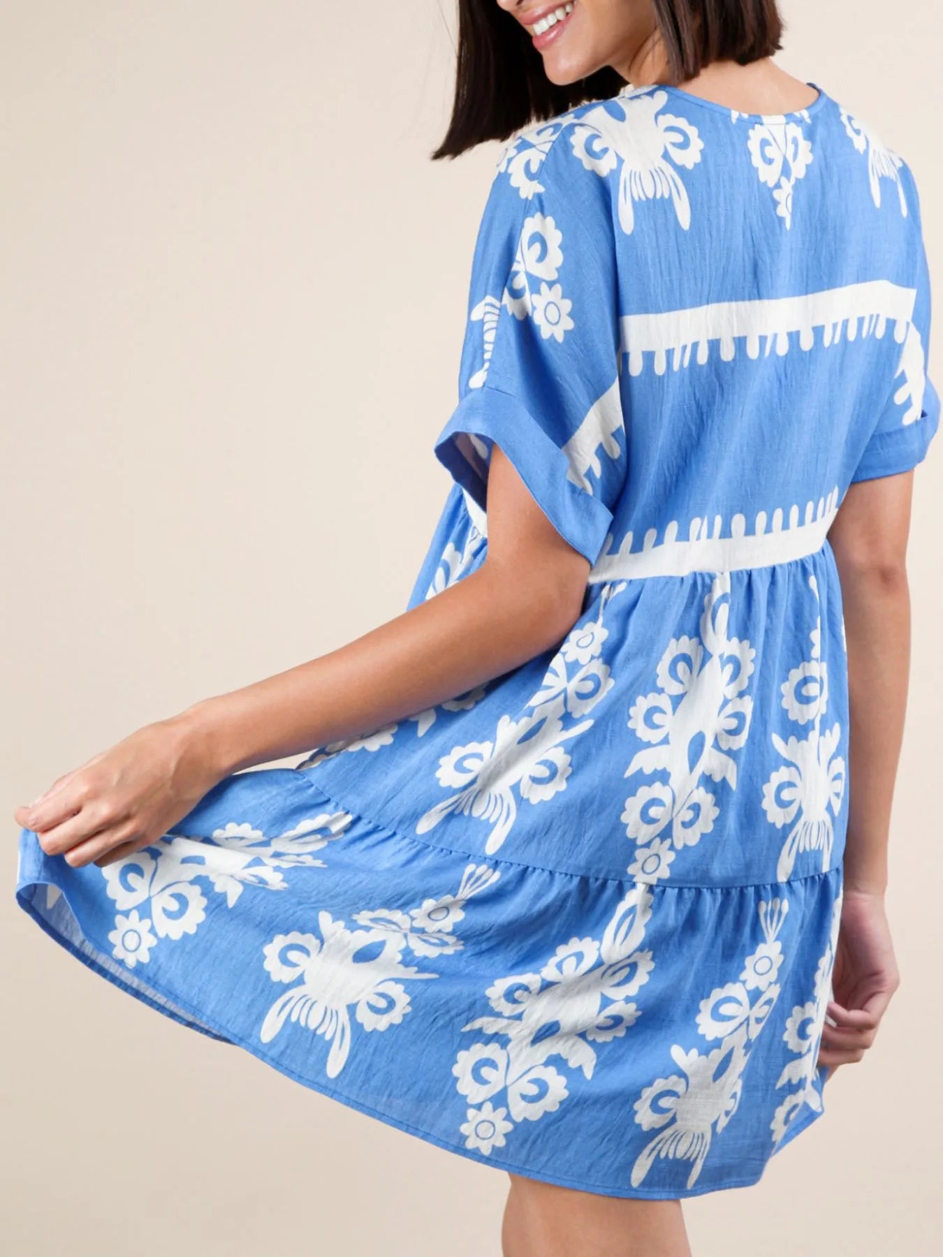 Image of Printed V-Neck Short Sleeve Mini Dress | Queeble.shop