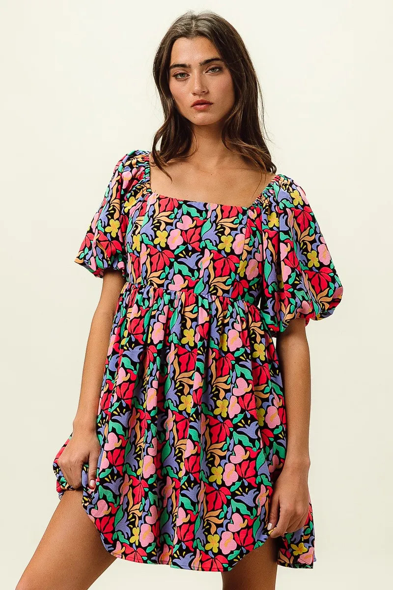 Image of BiBi Floral Print Puff Square Neck Dress | Queeble.shop