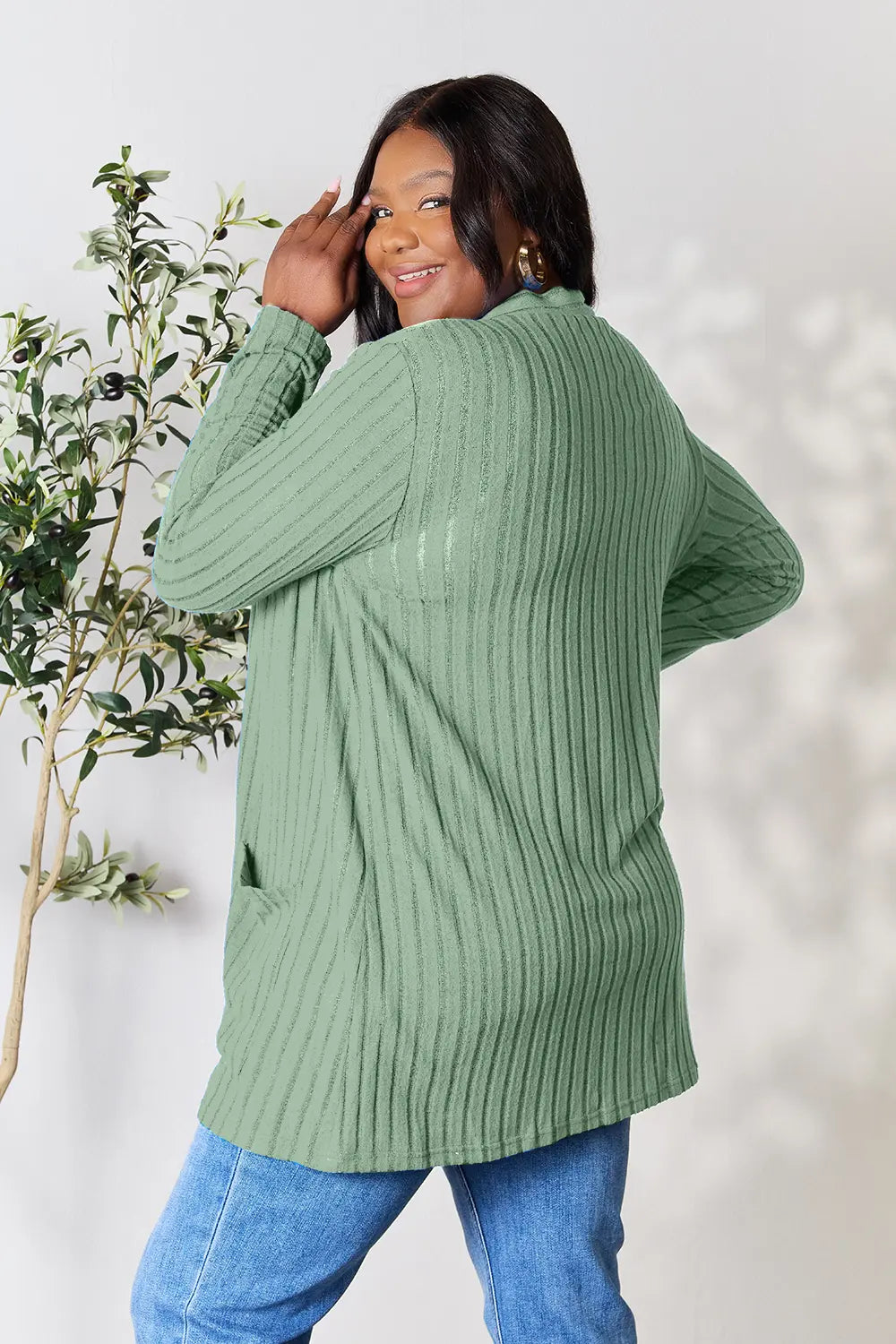 Image of Basic Bae Full Size Ribbed Open Front Cardigan with Pockets | Queeble.shop