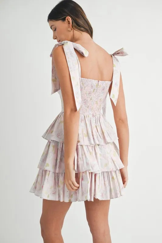 Image of MABLE Floral Print Shoulder Tie Layered Mini Dress | Queeble.shop