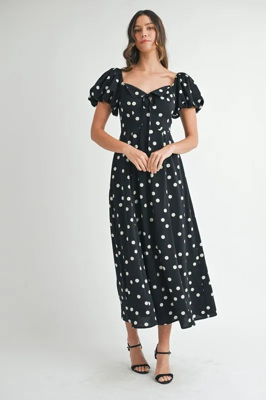 Image of MABLE Polka Dot Puff Sleeve Midi Dress | Queeble.shop