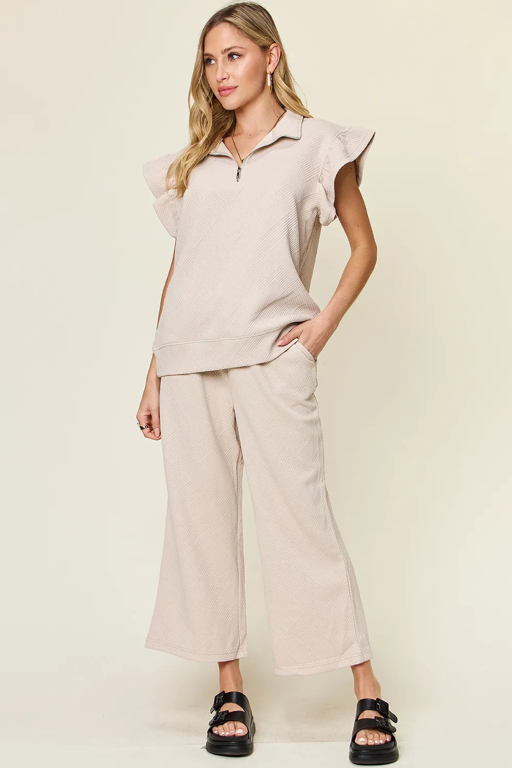 Image of Double Take Texture Ruffle Short Sleeve Top and Drawstring Wide Leg Pants Set | Queeble.shop