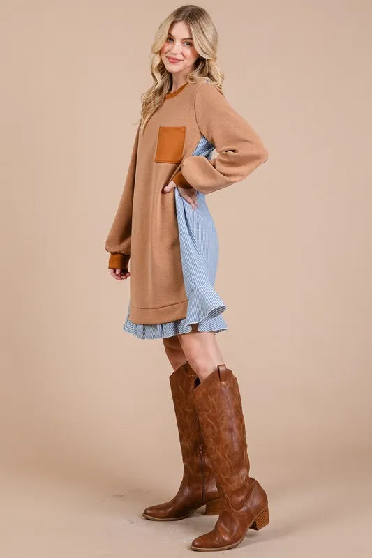 Image of Ces Femme Striped Patchwork Round Neck Terry Sweatshirt Dress | Queeble.shop