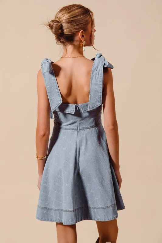 Image of SO ME A Line Fit and Flare Diamond Bow Ribbon Denim Dres | Queeble.shop