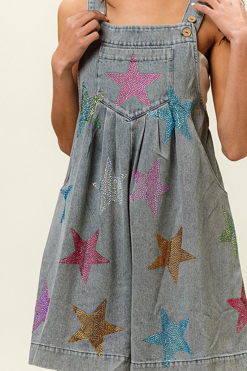 Image of BiBi Star Rhinestone Washed Wide Leg Shortalls | Queeble.shop