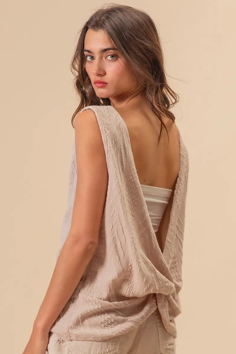 Image of BiBi Textured Sweather Knit Twist Back Sleeveless Top | Queeble.shop