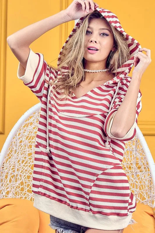 Image of BiBi Stripe Fleece Notch Neck Short Sleeve Hoodie | Queeble.shop