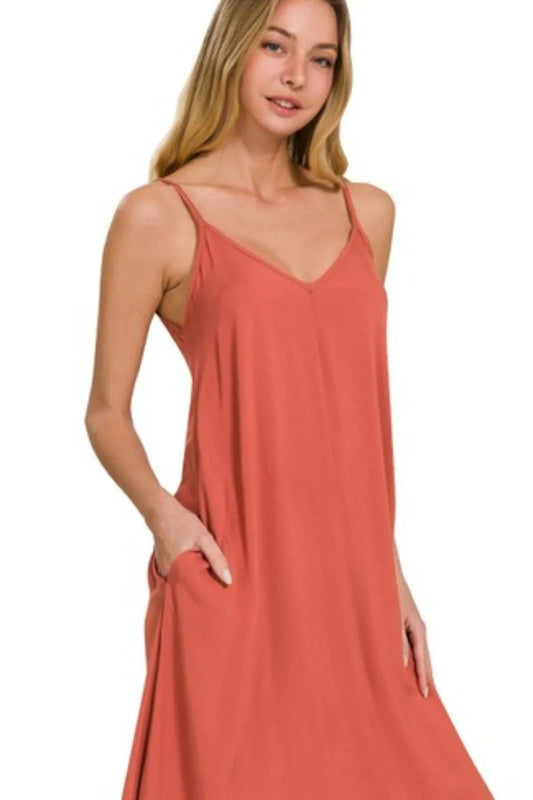 Image of Zenana Woven Arc Hem Cami Midi Dress With Flowy Pockets | Queeble.shop