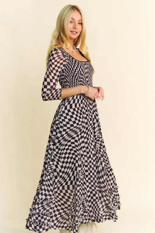 Image of Davi & Dani Printed Checker Mesh Flowy Maxi Dress | Queeble.shop