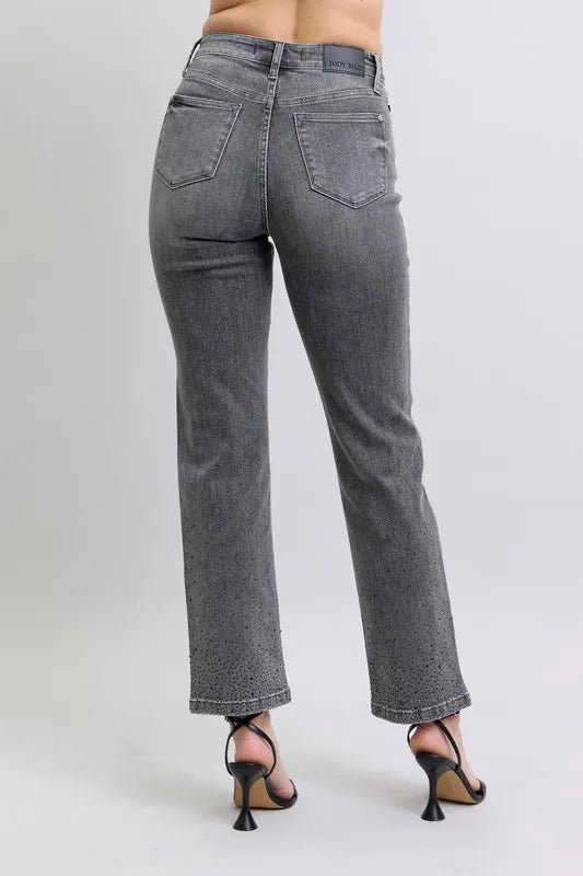 Image of Judy Blue Full Size High Waist Rhinestone Straight Jeans Plus Size | Queeble.shop