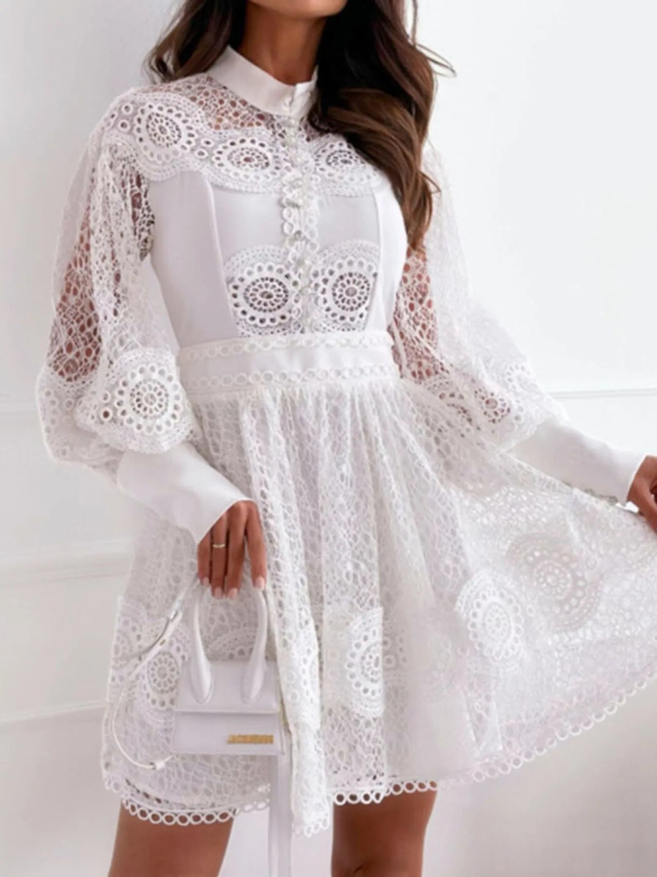Image of Lace Lantern Sleeve Mini Dress | Queeble.shop