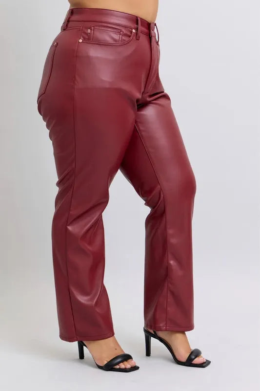 Image of Judy Blue Full Size High Waist Tummy Control Faux Leather Straight Pants Plus Size | Queeble.shop