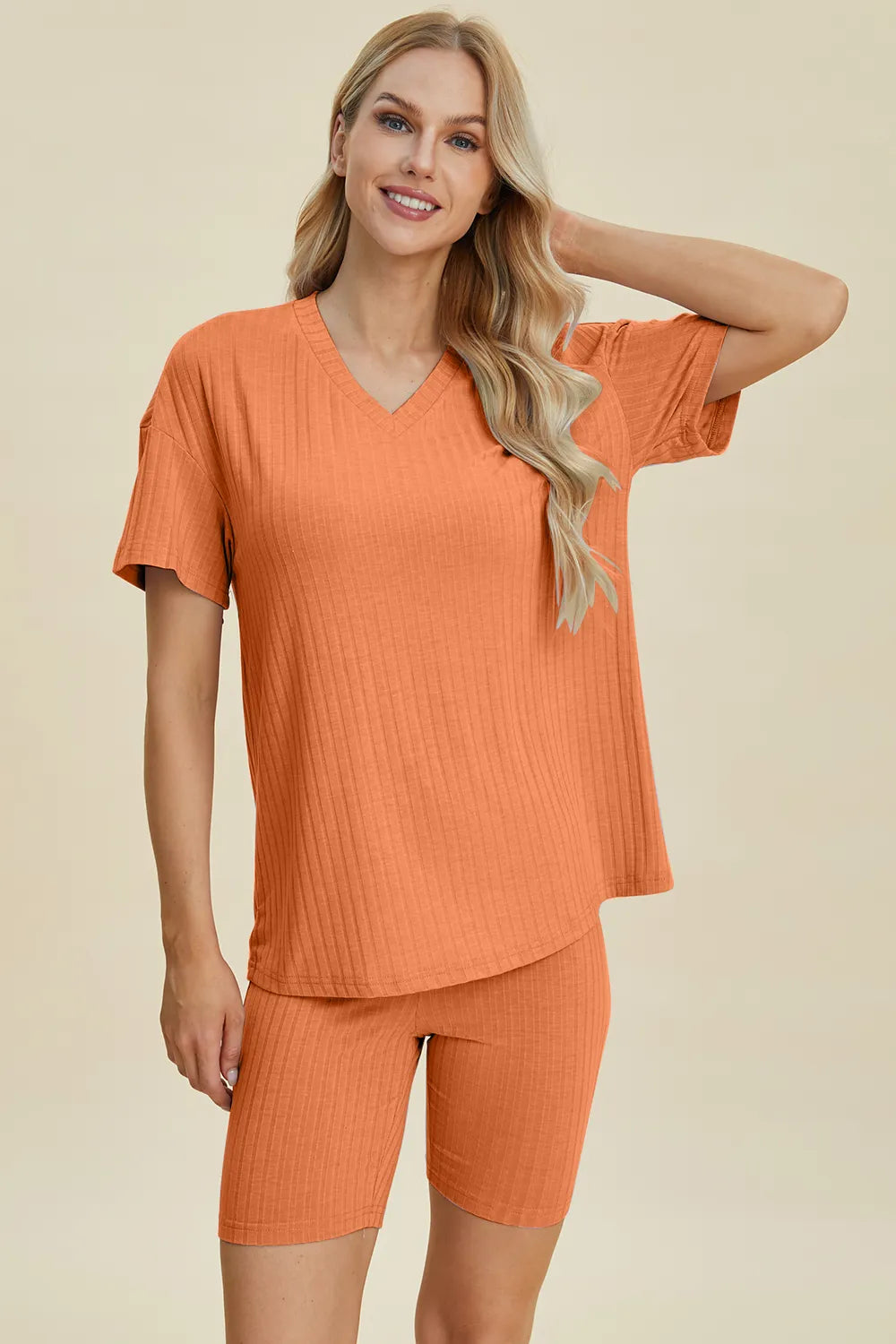 Image of Basic Bae Full Size Ribbed V-Neck Short Sleeve Top and Shorts Set | Queeble.shop
