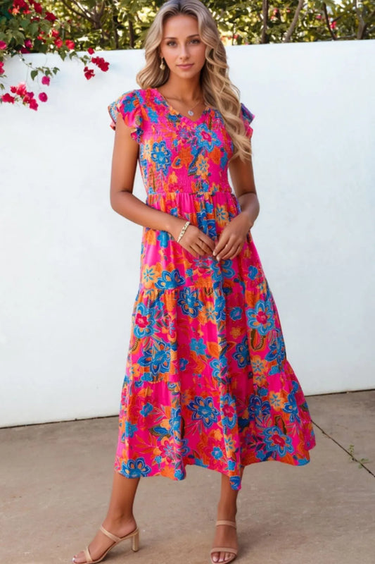 Image of Boho Floral V Neck Ruffle Tiered Dress | Queeble.shop