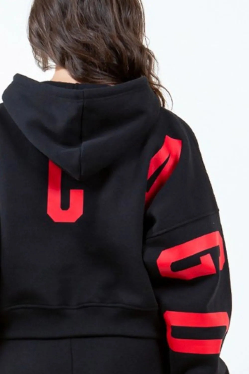 Image of American Bazi Letter Graphic Long Sleeve Drawstring Cropped Hoodie | Queeble.shop