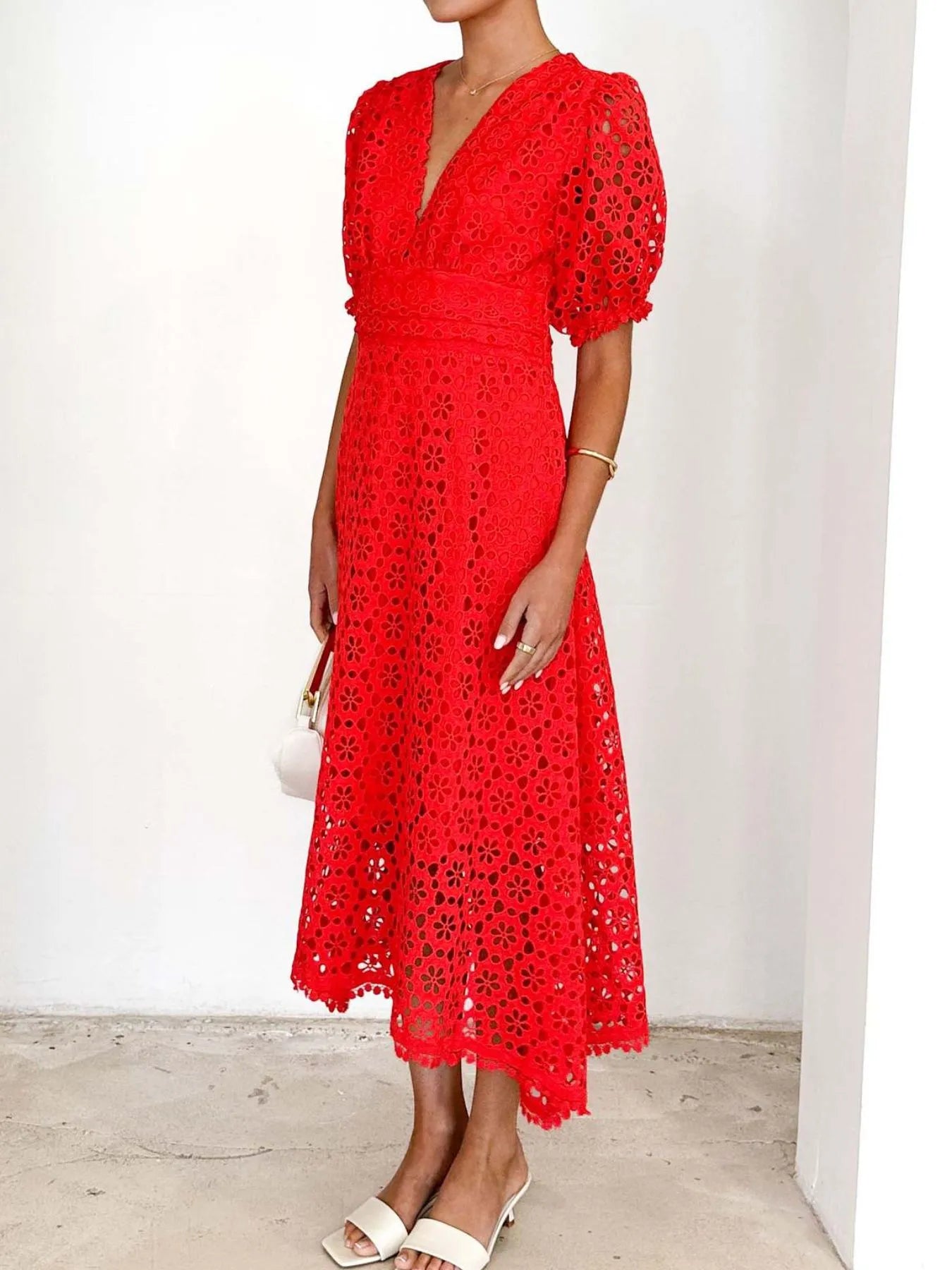 Image of Eyelet Lace V-Neck Midi Dress with Puff Sleeves | Queeble.shop