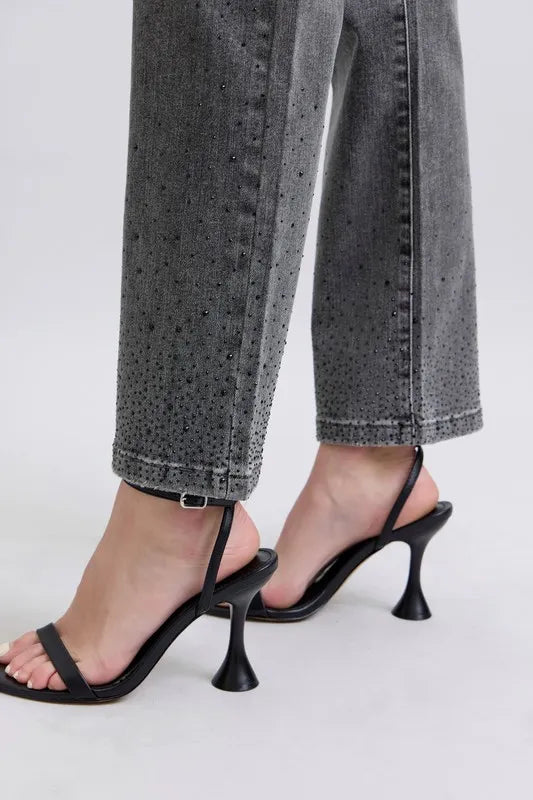 Image of Judy Blue Full Size High Waist Rhinestone Straight Jeans Plus Size | Queeble.shop