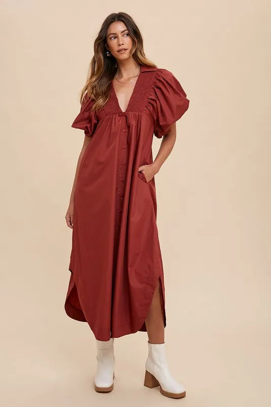 Image of Annie Wear Smocked Puff Sleeve Midi Dress | Queeble.shop