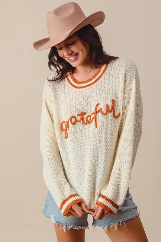Image of SO ME Thanksgiving Grateful Lettering Stitch Sweater | Queeble.shop