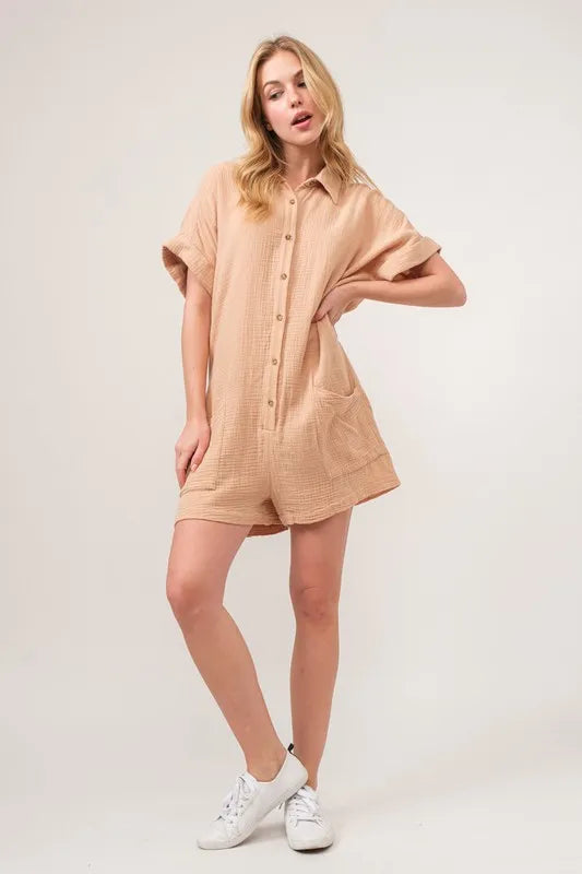Image of And The Why Washed Gauze Roll-up Sleeve Comfort Utility Romper | Queeble.shop