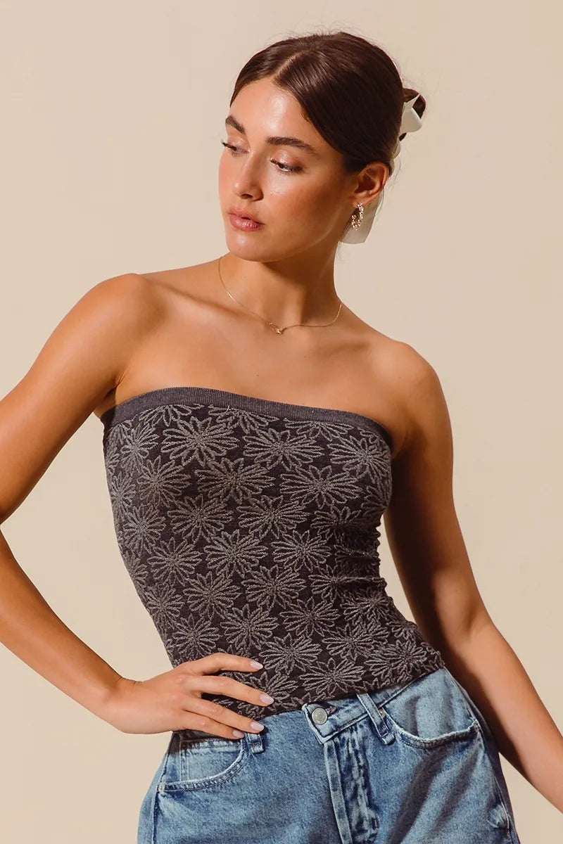 Image of SO ME Jacquard Floral Two Tone Seamless Tube Top | Queeble.shop