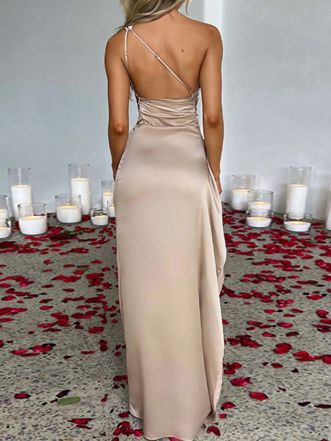Image of One Shoulder Satin Dress with High Slit | Queeble.shop