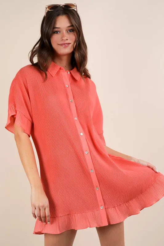 Image of VERY J Pleated Detail Button Down Mini Dress | Queeble.shop