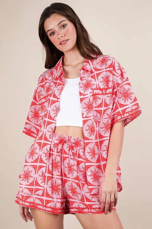 Image of VERY J Full Size Tropical Printed Shirt Top and Shorts Set Plus Size | Queeble.shop
