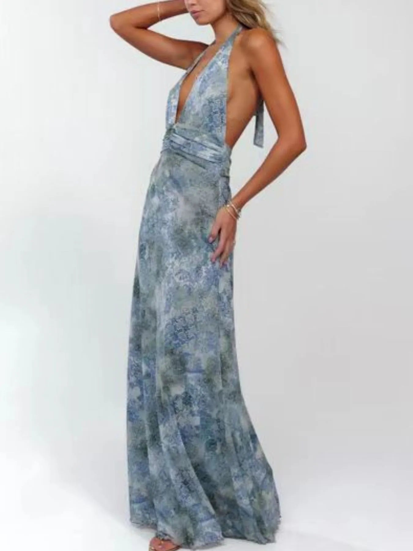 Image of Floral Halter Neck Deep V Maxi Dress | Queeble.shop