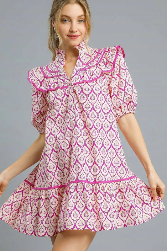 Image of Umgee Ruffled Printed Puff Sleeve Mini Dress | Queeble.shop