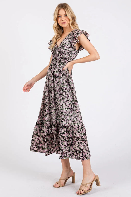 Image of Mittoshop Flower Print Ruffle Cap Sleeve V-neck Midi Dress | Queeble.shop