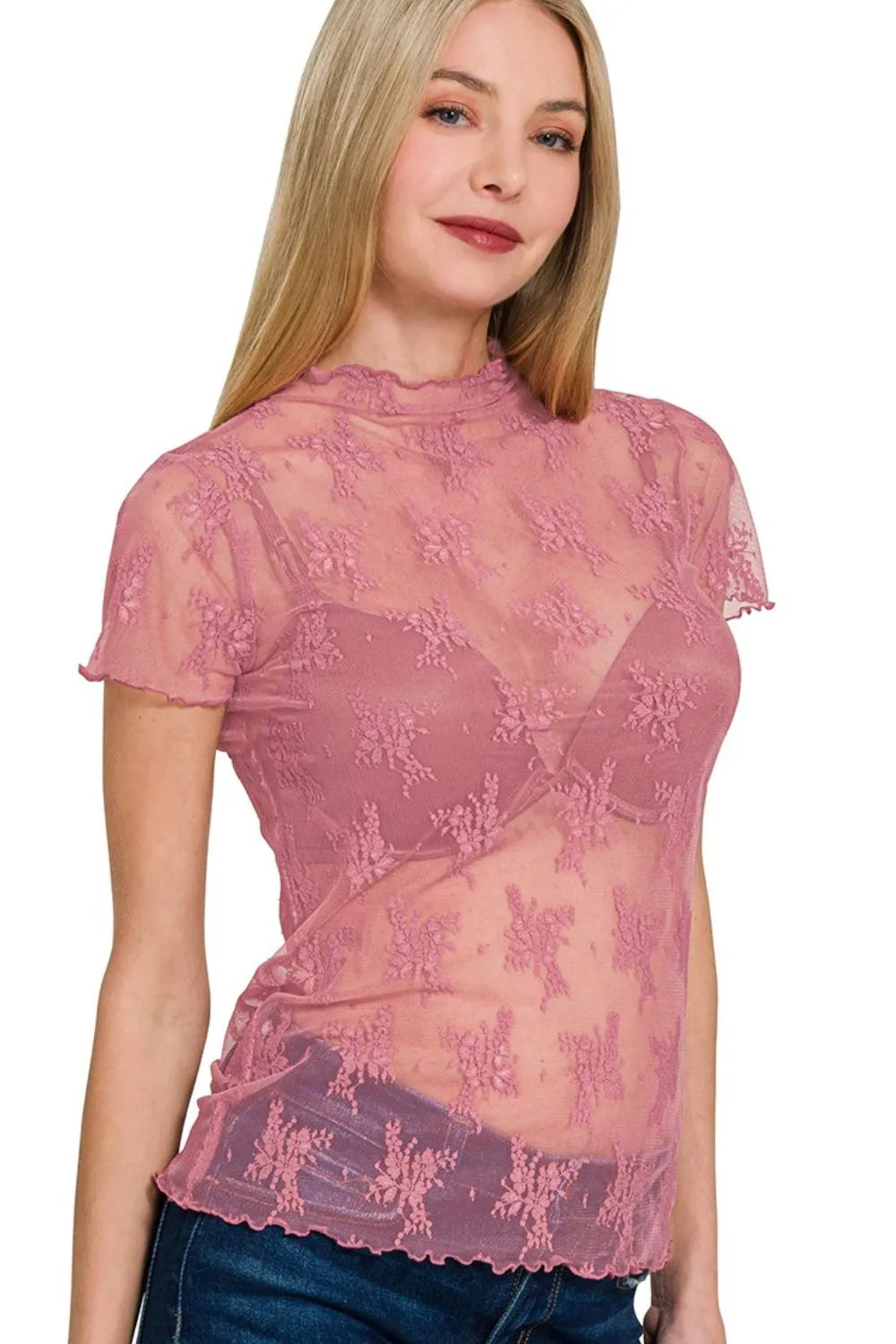 Image of Zenana Lace See-through Layering Short Sleeve Top | Queeble.shop