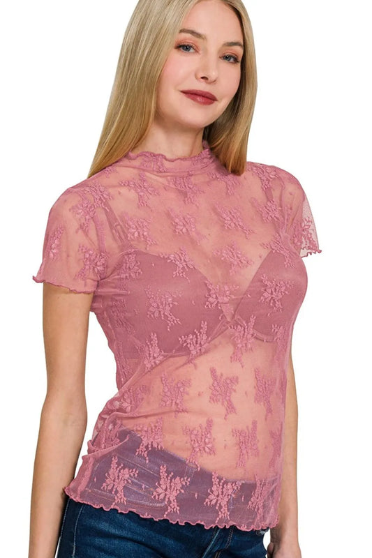 Image of Zenana Lace See-through Layering Short Sleeve Top | Queeble.shop