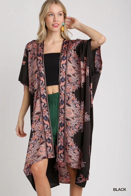 Image of Umgee Satin Border Print Short Sleeve Open Front Kimono | Queeble.shop