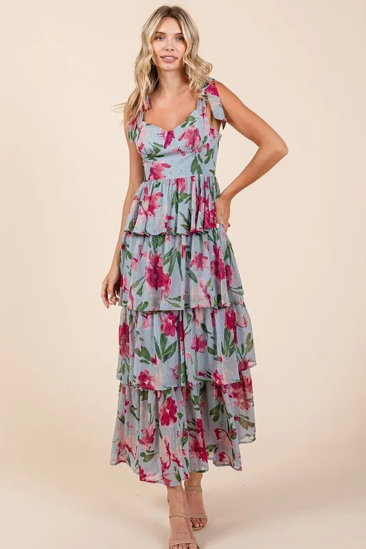 Image of Mittoshop Layered Floral Sweetheart Neck Maxi Dress | Queeble.shop