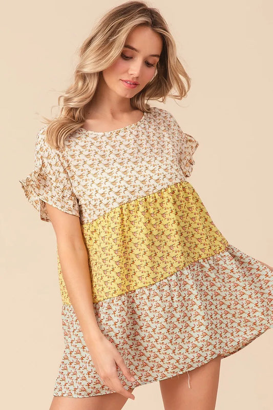 Image of BiBi Flroal Printed Woven Color Block and Tiered Top | Queeble.shop