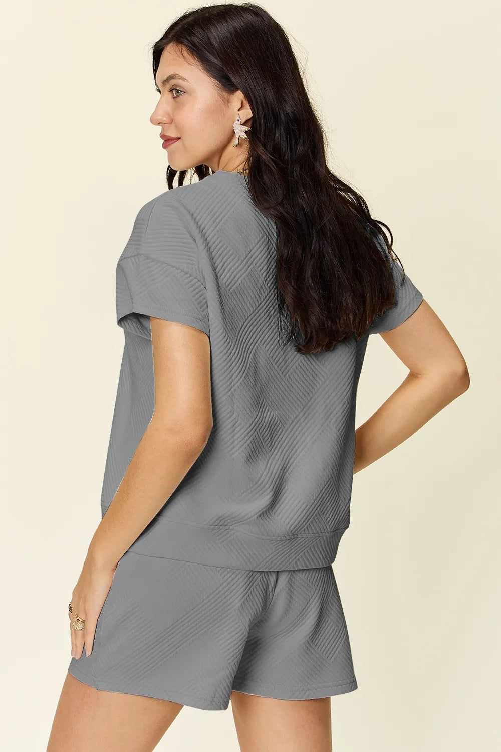 Image of Double Take Full Size Texture Short Sleeve T-Shirt and Drawstring Shorts Set | Queeble.shop